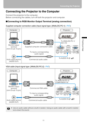 Page 3535Connecting the Projector
Projecting an Image 
Connecting the Projector to the Computer
Connect the projector to the computer.
Before connecting the cables, turn off both the projector and computer.
■Connecting to RGB Monitor Output Terminal (analog connection)
Supplied computer connection cable (Input signal type: [ANALOG PC-1] - P47)
VGA cable (Input signal type: [ANALOG PC-2] - P47)
 Use an audio cable without a built-in resistor. Using an audio cable with a built-in resistor 
turns down the sound....