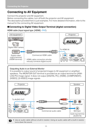 Page 38Connecting the Projector
38
Connecting to AV Equipment
Connect the projector and AV equipment.
Before connecting the cables, turn off both the projector and AV equipment.
The description provided here is just examples. For more detailed information, refer to the 
manual for the connecting AV equipment.
■Connecting to Digital Video Output Terminal (digital connection)
HDMI cable (Input signal type: [HDMI] - P47)
 Use an audio cable without a built-in resistor. Using an audio cable with a built-in...