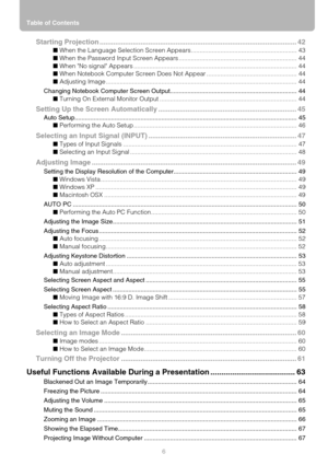 Page 6Table of Contents
6
Starting Projection ..................................................................................................... 42
■ When the Language Selection Screen Appears............................................................. 43
■ When the Password Input Screen Appears .................................................................... 44
■ When No signal Appears .............................................................................................. 44
■ When Notebook...