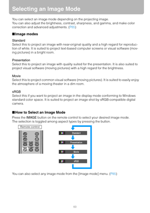 Page 6060
Selecting an Image Mode
You can select an image mode depending on the projecting image.
You can also adjust the brightness, contrast, sharpness, and gamma, and make color 
correction and advanced adjustments. (P85)
■Image modes
Standard
Select this to project an image with near-original quality and a high regard for reproduc-
tion of white. It is suited to project text-based computer screens or visual software (mov-
ing pictures) in a bright room.
Presentation
Select this to project an image with...