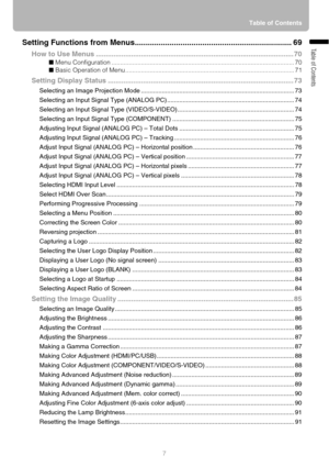 Page 77Table of Contents
Table of ContentsSetting Functions from Menus........................................................................ 69
How to Use Menus ..................................................................................................... 70
■ Menu Configuration ......................................................................................................... 70
■ Basic Operation of Menu...