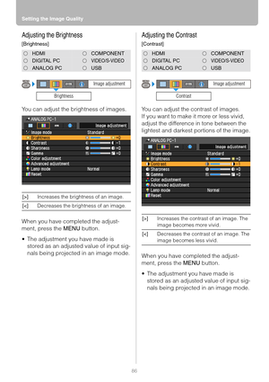 Page 86Setting the Image Quality
86
Adjusting the Brightness
[Brightness]
You can adjust the brightness of images.
When you have completed the adjust-
ment, press the MENU button.
 The adjustment you have made is 
stored as an adjusted value of input sig-
nals being projected in an image mode.
Adjusting the Contrast
[Contrast]
You can adjust the contrast of images.
If you want to make it more or less vivid, 
adjust the difference in tone between the 
lightest and darkest portions of the image.
When you have...