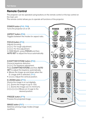 Page 26Part Names
26
Remote Control
The projector can be operated using buttons on the remote control or the top control on 
the main unit.
The remote control allows you to operate all functions of the projector.
POWER button (P49, P68)
Turns the projector on or off.
ASPECT button (P66)
Toggles between the modes for aspect ratio.
FOCUS button (P59)
Adjusts focusing.
[ ] [ ]: For rough adjustment.
[]: For fine adjustment.
In SX80 MarkII, press FOCUS and then 
AU TO S ET to adjust the focus automatically.
