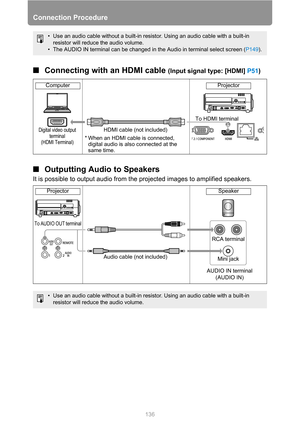 Page 136
Connection Procedure
136
■Connecting with an HDMI cable (Input signal type: [HDMI]  P51)
■Outputting Audio to Speakers
It is possible to output audio from t he projected images to amplified speakers.
• Use an audio cable without a built-in resistor. Using an audio cable with a built-in 
resistor will reduce the audio volume.
• The AUDIO IN terminal can be changed in the Audio in terminal select screen ( P149).
• Use an audio cable without a built-in resistor. Using an audio cable with a built-in...