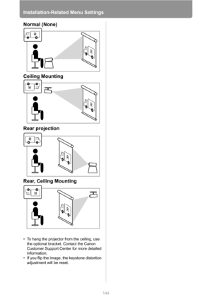 Page 144
Installation-Related Menu Settings
144
• To hang the projector from the ceiling, use the optional bracket. Contact the Canon 
Customer Support Center for more detailed 
information.
• If you flip the image, the keystone distortion  adjustment will be reset.
Normal (None)
Ceiling Mounting
Rear projection
Rear, Ceiling Mounting 