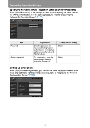 Page 182
Completing Computer Settings
182
Specifying Networked Multi-Projection Settings: [NMPJ Password]
From [NMPJ Password] in the settings screen, you can specify the items needed 
for NMPJ authentication. For the setting procedure, refer to “Displaying the 
Network Configuration Screen” ( P177).
Setting Up Email [Mail]
From [Mail] in the settings screen, you can set the items necessary to send error 
mails and test mails. For the setting procedure, refer to “Displaying the Network 
Configuration Screen” (...