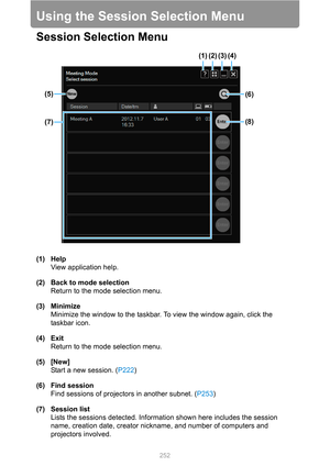 Page 252
252
Using the Session Selection Menu
Session Selection Menu
(1) HelpView application help.
(2) Back to mode selection Return to the mode selection menu.
(3) Minimize Minimize the window to the taskbar. To view the window again, click the 
taskbar icon.
(4) Exit Return to the mode selection menu.
(5) [New] Start a new session. ( P222)
(6) Find session Find sessions of projectors in another subnet. ( P253)
(7) Session list Lists the sessions detected. Inform ation shown here includes the session 
name,...