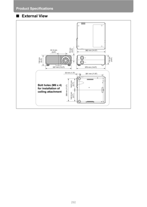 Page 292
Product Specifications
292
■External View
Bolt holes (M6 x 4) 
for installation of 
ceiling attachment
91.5 mm 
(3.6)
337 mm (13.3)72 mm (2.8)362 mm (14.3)
118 mm  (4.6)
144.5 mm 
(5.7)
144.5 mm 
(5.7)289 mm (11.3)
33 mm (1.3)
301 mm (11.9)
370 mm (14.6)
134 mm 
(5.3) 