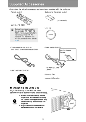 Page 32
32
Supplied Accessories
Check that the following accessories have been supplied with the projector.
■Attaching the Lens Cap
Align the lens cap notch with the zoom 
adjustment lever as shown and attach the cap.
• Always remove the cap before 
projection. Accidentally leaving 
the cap on during projection may 
distort the cap and damage the 
projector.
• Align the notch with the zoom  adjustment lever and attach.
• Remote control • Batteries for the remote control
(AAA size x2)
(part No.: RS-RC06)...