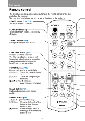 Page 38
38
Part Names
Remote control
The projector can be operated using buttons on the remote control or the side 
control on the projector.
The remote control allows you to operate all functions of the projector.
POWER button (P50, P71 )
Turns the projector on or off.
ASPECT button ( P64)
Changes the aspect ratio mode.
KEYSTONE button ( P65)
Corrects keystone distortion.
The [Keystone] setting enables both 
horizontal/vertical keystone correction 
(by adjusting top/bottom/left/right 
length) and corner...