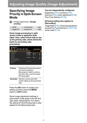 Page 94
94
Adjusting Image Quality (Image Adjustment)
Specifying Image 
Priority in Split-Screen 
Mode
> [Image adjustment] > [Image 
priority]
Some image processing in split-
screen mode is applied to both 
sides. Here, select which side to use 
as the primary side, which will be the 
basis for secondary-side 
processing.
Press the  OK button to accept your 
setting and then press the  MENU 
button or  EXIT button.
Some image adjustment settings in 
split-screen mode apply to the left and 
right sides...