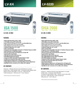 Page 598
FEATURES
• Native XGA Resolution (1024 x 768)
• 1500 ANSI Lumens (90% Uniformity)
• Lens: f = 20.3 to 32.5mm, F1.7 to 2.5, 1.6x UltraWide Zoom
• 100 Screen: 8.2 to 13.1 ft. (2.5 to 4.0m)
KIT CONTENTS
• Projector   • Wireless Remote Control (AA Batteries Included)   
•Power Cable   • VGA Computer Cable   • Component Video Adapter Cable
•Mouse Control Cable (USB)   • Lens Cap   • PIN Code Seal
• Soft Carrying Case   • Warranty Card   • User’s Manual
* Please see back cover for optional accessories.
6.4...