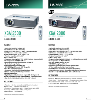 Page 467
FEATURES
• Native XGA Resolution (1024 x 768)
• 2500 ANSI Lumens (85% Uniformity)
KIT CONTENTS
• Projector   • Wireless Remote Control (AA Batteries Included)   
• Power Cable   • Computer Cable (DVIVGA)   
XGA
1024 X 768
2500
ANSI LUMENS
6.4 LBS. (2.9KG)
FEATURES
• Native XGA Resolution (1024 x 768) 
• 2000 ANSI Lumens (85% Uniformity) 
KIT CONTENTS
• Projector   • Wireless Remote Control (AA Batteries Included)   
• Power Cable   • VGA Computer Cable   • Component Video Adapter Cable
• Mouse Control...