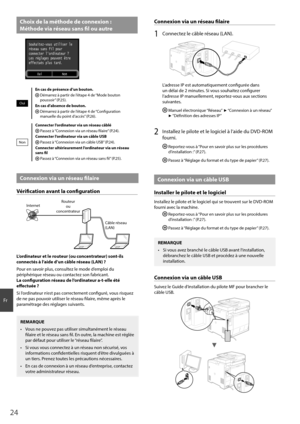 Page 2424
Fr
Choix de la méthode de connexion : 
Méthode via réseau sans fi  l ou autre
  OuiNon
Souhaitez-vous utiliser le
réseau sans fil pour
connecter lordinateur ?
Les réglages peuvent être
effectués plus tard.
Oui
En cas de présence d’un bouton.  Démarrez à partir de l’étape 4 de “Mode bouton 
poussoir” (P.25).
En cas d’absence de bouton.
  Démarrez à partir de l’étape 4 de “Confi  guration 
manuelle du point d’accès” (P.26).
Non
Connecter l’ordinateur via un réseau câblé  Passez à “Connexion via un...