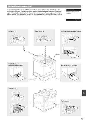 Page 4343
Es
Eliminación de atascos de papel
Si aparece la siguiente pantalla, se habrá producido un atasco de papel en el alimentador o en el 
interior del equipo. Siga el procedimiento que aparece en la pantalla para extraer el documento o 
el papel atascado. En este manual se indican únicamente las áreas en las que se pueden producir 
atascos de papel. Para obtener una información detallada sobre cada función, consulte el e-Manual.Papel atascado.
Siguiente
Pulse [Siguiente] para ver
los pasos.
Ranura de...