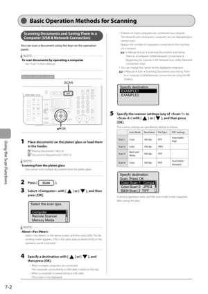 Page 114
7-2
Using the Scan Functions
Scanning Documents and Saving Them in a 
Computer (USB & Network Connection)
You can scan a document using the keys on the operation 
panel.
    NOTE - - - - - - - - - - - - - - - - - - - - - - - - - - - - - - - - - - - - \
- - -  
To scan documents by operating a computer
  See "Scan" in the e-Manual.
- - - - - - - - - - - - - - - - - - - - - - - - - - - - - - - - - - - - \
- - - - - - - - -
OKSCAN
Keys to be used for this operation
1  Place documents on the platen...