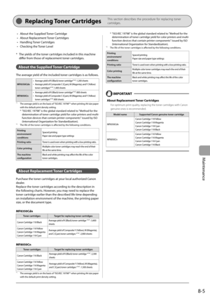 Page 121
8-5
Maintenance
   Replacing   Toner  Cartridges     This section describes the procedure for replacing toner 
cartridges.
About the Supplied Toner Cartridge
 About Replacement Toner Cartridges 
 Handling  Toner  Cartridges 
 Checking the Toner Level 
*  The yields of the toner cartridges included in this machine  diff   er from those of replacement toner cartridges.
About the Supplied Toner Cartridge
The average yield of the included toner cartridges is as follows.
MF8350Cdn Average yield of K (Black)...