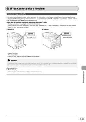 Page 145
9-15
Troubleshooting
  If You Ca nnot Solve a Problem  
Customer Support (U.S.A.)
If you cannot solve the problem after having referred to the information in this chapter, contact Canon Customer Care Center at 
1-800-OK-CANON Monday through Friday between the hours of 8:00 A.M. to 8:00 P.M. EST. On-line support is also available 24 hour s 
a day at the website http://www.canontechsupport.com.
Please have the following information ready when you contact Canon: Product name (Color imageCLASS...