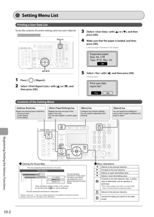 Page 148
10-2
Registering/Setting the Various Functions
  Setting  Menu  List       
 To see the contents of current settings, print out user's data list. 
 
OK
Report
Keys to be used for this operation
 
  1     Press [] (Report). 
  2    Select  with [] or [], and 
then press [OK]. 
  
  3    [Select  with [] or [], and then 
press [OK]. 
  4    Make sure that the paper is loaded, and then  press [OK]. 
 Load the paper indicated in the display. 
 
Supported paper:
Size: A4, LTR
Type: P1/2, Rec, Clr
OK...