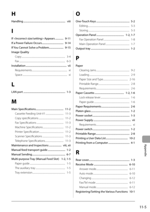 Page 157
Appendix
11-5
H
Handling ...................................................................   viii
I
If  Appears .............   9-11
If a Power Failure Occurs ..................................   9-14
If You Cannot Solve a Problem.......................   9-15
Image QualityCopy ........................................................................\
...........   3-4
Fax ........................................................................\
...............   6-3
Installation...