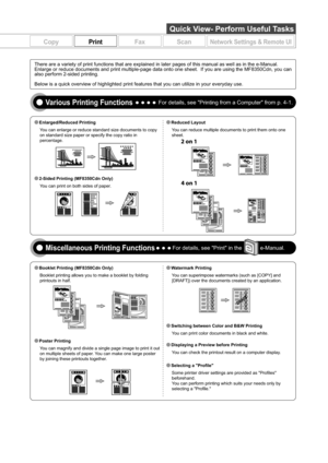 Page 3
CopyPrintFaxScanNetwork Settings & Remote UI
Quick View- Perform Useful Tasks
You can enlarge or reduce standard size documents to copy 
on standard size paper or specify the copy ratio in 
percentage.
You can print on both sides of paper.You can reduce multiple documents to print them onto one 
sheet.
Booklet printing allows you to make a booklet by folding 
printouts in half.
You can magnify and divide a single page image to print it out 
on multiple sheets of paper. You can make one large poster 
by...