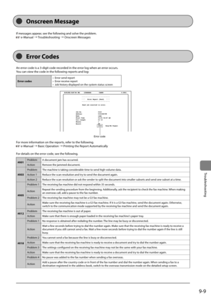 Page 1579-9
Trou\fleshooting
If	messages	appear,	see	the	following	and	solve	the	pro\flem.
	
	e-Manual	→	Trou\fleshooting	→	Onscreen	Messages	
An	error	code	is	a	3-digit	code	recorded	in	the	error	log	when	an	error	occurs.
You	can	view	the	code	in	the	following	reports	and	log:
Error codes •	
Error	send	report
•	 Error	receive	report
•	 Jo\f	history	displayed	on	the	system	status	screen	



Error Report...