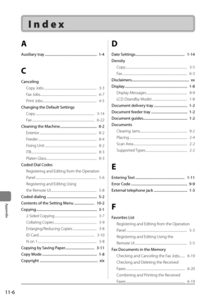 Page 18411-6
Appendix
I n d e x
\b
Auxiliary	tray	..................\A..................\A..................\A..... 		1-4
C
Canceling
Co\by Jobs  ..................\I..................\I..................\I.................   3-3
Fax Jobs  ..................\I..................\I..................\I..................\I....   6-7
Print Jobs  ..................\I..................\I..................\I..................\I.   \f-5
Changing	the	Default	Settings Co\by...