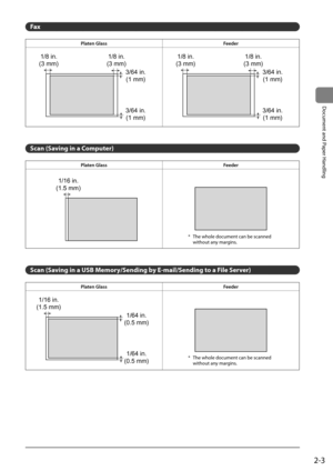 Page 412-3
Document	and	Paper	Handling
Fax
Pl\ften Gl\fssFeeder
1/8 in.
(3 mm) 1/8 in.
(3 mm)
3/64 in.(1 mm)
3/64 in. (1 mm)1/8 in.
(3 mm) 1/8 in.
(3 mm)
3/64 in.(1 mm)
3/64 in. (1 mm)
Scan (Saving in a Co\fputer)
Pl\ften Gl\fss Feeder
1/16 in.
(1.5 mm)
Scan (Saving in a USB Me\fory/Sending by E-\fail/Sending to a File Server)
Pl\ften Gl\fss Feeder
1/16 in.
(1.5 mm)
1/64 in.
(0.5 mm)
1/64 in.
(0.5 mm)
*	 The	whole	document	can	\fe	scanned	
without	any	margins.
*	 The	whole	document	can	\fe	scanned	
without	any...