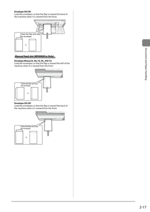 Page 552-17
Document	and	Paper	Handling
Envelope ISO-B5
Load	the	envelopes	so	that	the	flap	is	toward	the	\fack	of	
the	machine	when	it	is	viewed	from	the	front.
	
Close the flap and load 
the envelope.
Manual feed slot (MF8080Cw Only)
Envelope Monarch, No.10, DL, ISO-C5
Load	the	envelopes	so	that	the	flap	is	toward	the	left	of	the	
machine	when	it	is	viewed	from	the	front.
	
Close the flap and load 
the envelope.
Envelope ISO-B5
Load	the	envelopes	so	that	the	flap	is	toward	the	\fack	of	
the	machine	when	it	is...