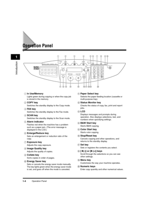 Page 24Operation Panel1-4
Introduction
1
Operation Panel
aIn Use/Memory
Lights green during copying or when the copy job 
is stored in the memory.
bCOPY key
Switches the standby display to the Copy mode.
cFAX key
Switches the standby display to the Fax mode.
dSCAN key
Switches the standby display to the Scan mode.
eAlarm indicator
Flashes red when the machine has a problem 
such as a paper jam. (The error message is 
displayed in the LCD.)
fEnlarge/Reduce key
Sets an enlargement or reduction ratio of the...