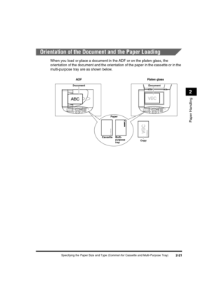 Page 49Specifying the Paper Size and Type (Common for Cassette and Multi-Purpose Tray)2-21
Paper Handling
2
Orientation of the Document and the Paper Loading
When you load or place a document in the ADF or on the platen glass, the 
orientation of the document and the orientation of the paper in the cassette or in the 
multi-purpose tray are as shown below.
Document
Copy
Document
Paper
Cassette Multi-
purpose
tray
Platen glass ADF

/(7;,9