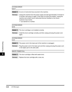 Page 148LCD Messages9-28
Troubleshooting
9
SYSTEM ERROR
Exxx**
Cause An error of some kind has occurred in the machine.
Remedy Unplug the machine from the power supply and wait approximately 3 minutes to 
5 minutes, then plug it in again. If this does not solve the problem, unplug the 
machine and contact Canon Authorized Service Facilities or the Canon 
Customer Care Center.
**xxx stands for a number.
SYSTEM ERROR
E078
Cause The drum cartridge is not installed correctly.
Remedy Install the drum cartridge...