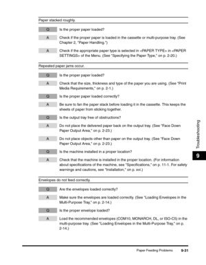 Page 151Paper Feeding Problems9-31
Troubleshooting
9
Paper stacked roughly.
Q Is the proper paper loaded?
A Check if the proper paper is loaded in the cassette or multi-purpose tray. (See 
Chapter 2, Paper Handling.)
A Check if the appropriate paper type is selected in  in  of the Menu. (See Specifying the Paper Type, on p. 2-20.)
Repeated paper jams occur.
Q Is the proper paper loaded?
A Check that the size, thickness and type of the paper you are using. (See Print 
Media Requirements, on p. 2-1.)
Q Is the...