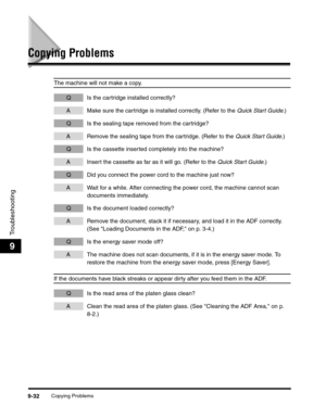 Page 152Copying Problems9-32
Troubleshooting
9
Copying Problems
The machine will not make a copy.
Q Is the cartridge installed correctly?
A Make sure the cartridge is installed correctly. (Refer to the Quick Start Guide.)
Q Is the sealing tape removed from the cartridge?
A Remove the sealing tape from the cartridge. (Refer to the Quick Start Guide.)
Q Is the cassette inserted completely into the machine?
A Insert the cassette as far as it will go. (Refer to the Quick Start Guide.)
Q Did you connect the power...