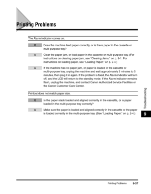 Page 157Printing Problems9-37
Troubleshooting
9
Printing Problems
The Alarm indicator comes on.
Q Does the machine feed paper correctly, or is there paper in the cassette or 
multi-purpose tray?
A Clear the paper jam, or load paper in the cassette or multi-purpose tray. (For 
instructions on clearing paper jam, see Clearing Jams, on p. 9-1. For 
instructions on loading paper, see Loading Paper, on p. 2-4.)
A If the machine has no paper jam, or paper is loaded in the cassette or 
multi-purpose tray, unplug the...