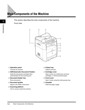 Page 24Main Components of the Machine1-2
Introduction
1
Main Components of the Machine
This section describes the main components of the machine.
Front View
aOperation panel
Controls the machine.
bADF(Automatic Document Feeder)
Holds the documents and feeds them 
automatically into the scanning unit.
cDocument feeder tray
Place documents.
dDocument guides
Adjust to the width of document.
eScanning platform
Lift it to access inside the machine.
fOutput tray
Outputs printouts.
gCartridge cover
Open it when you...