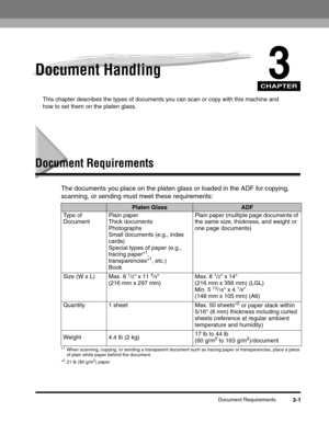 Page 54CHAPTER
Document Requirements3-1
3Document Handling
This chapter describes the types of documents you can scan or copy with this machine and 
how to set them on the platen glass.
Document Requirements
The documents you place on the platen glass or loaded in the ADF for copying, 
scanning, or sending must meet these requirements:
*1When scanning, copying, or sending a transparent document such as tracing paper or transparencies, place a piece 
of plain white paper behind the document.
*
221 lb (80 g/m2)...