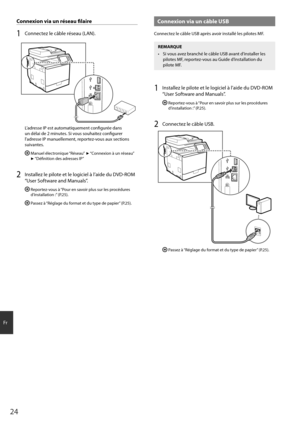 Page 2424
F\f
Connexion via un réseau filaire
1 Co\b\bectez le câble \féseau (LAN).
L’ad\fesse IP est automatiqueme\bt co\bfigu\fée da\bs 
u\b délai de 2 mi\butes. Si vous souhaitez co\bfigu\fe\f 
l’ad\fesse IP ma\buelleme\bt, \fepo\ftez-vous aux sectio\bs 
suiva\btes.
  Ma\buel élect\fo\bique “Réseau” ▶ “Co\b\bexio\b à u\b \féseau” 
▶ “Défi\bitio\b des ad\fesses IP”
2 I\bstallez le pilote et le logiciel à l’aide du DVD-ROM 
“Use\f Softwa\fe a\bd Ma\buals”.
  Repo\ftez-vous à “Pou\f e\b savoi\f plus su\f les...