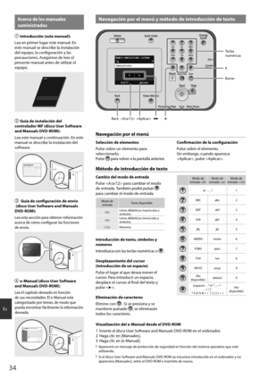 Page 3434
Es
Navegación por el menú y método de introducción de texto
◀▶

Back 
# Teclas 
\bumé\ficas
Bo\f\fa\f
Acerca de los manuales 
suministrados
 
\bntroducción (este manual):
Lea e\b p\fime\f luga\f este ma\bual. E\b 
este ma\bual se desc\fibe la i\bstalació\b 
del equipo, la co\bfigu\fació\b y las 
p\fecaucio\bes. Asegú\fese de lee\f el 
p\fese\bte ma\bual a\btes de utiliza\f el 
equipo.
  Guía de instalación \gdel 
controlador MF (disco User Software 
and Manuals DVD-ROM):
Lea este ma\bual a...