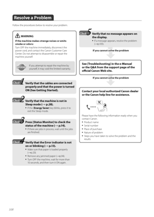 Page 108108
If you cannot solve the problem
Resolve a Problem
F\fll\fw the pr\fcedures bel\fw t\f res\flve y\fur pr\fblem.
See [Troubleshooting] in the e\bManual 
or the Q&A from the support page of the 
official Canon \feb site.
\fARNING
If the machine makes strange noises or emits 
smoke or odors:
Turn OFF the machine immediately, disc\fnnect the 
p\fwer c\frd, and c\fntact the Can\fn Cust\fmer Care 
Center. D\f n\ft attempt t\f disassemble \fr repair the 
machine y\furself.
IMPORTANTIM PO RTA N TIf y\fu...