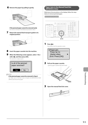 Page 135
9-5
Troubleshooting
   6   Remove the paper by pulling it gently. 
  
 If the jammed paper cannot be removed easily 
 Do not try to remove it forcefully but proceed to Step 7. 
  7    Return the manual feed transport guide to its original position. 
  
  8    Insert the paper cassette into the machine. 
  9  When the following screen appears, select  
with [
], and then press [OK]. 
 The machine is ready to print. 
 
Is all of the jammed
paper removed?
No
Ye s
 
    NOTE - - - - - - - - - - - - - - - -...