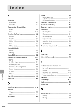 Page 156
11-4
Appendix
C
CancelingCopy Jobs .......................................................................   3-2
Fax Jobs ........................................................................\
....   6-2
Changing the Default Values Copy ........................................................................\
...........   3-8
Fax ........................................................................\
............   6-20
Cleaning the Machine ..........................................  8-2 Exterior...