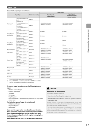 Page 43
2-7
Document and Paper Handling
 Paper  Type 
 The available paper types are as follows. 
 Paper Type    Printer Driver Setting   Paper Source  
 Paper  Capacity 
 (Paper  Cassette)   Paper  Capacity 
 (Multi-purpose  Tray)    (Manual Feed Slot)
 Plain Paper *
1    16 to 19 lb Bond (60 to 74 
g/m
2)  
 [Plain  1] 
 MF8350Cdn: 250 sheets 
 MF8050Cn: 150 sheets  
•
•  MF8350Cdn: 50 sheets 
 MF8050Cn: 1 sheet  
•
•
 MF8350Cdn:
19 to 24 lb Bond (70 to 
90 g/m
2)  
 MF8050Cn:
20 to 24 lb Bond (75 to 
90 g/m...