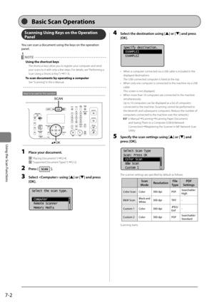 Page 1267-2
\bsing	the	Scan	Functions
Scanning Using Keys on the Operation 
Panel
You	can	scan	a	document	using	the	keys	on	the	operation	
panel.
 NOTEUsing the shortcut keys
The shortcut keys allow you to register your com\buter and send 
your scans to it with only a few ste\bs. For details, see “Performing a 
Scan Using a Shortcut Key” (→P.7-3).
To scan docu\fents by operating a co\fputer
See “Scanning” in the e-Manual.
OK
SCAN
Keys to be used for this operation
1 
Pl\fce your document.
 “Placing Documents”...