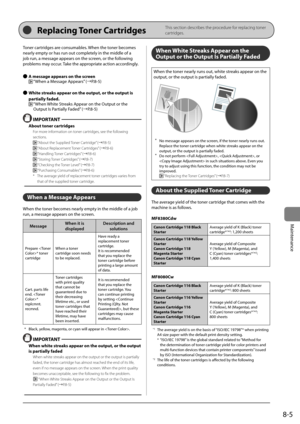 Page 1378-5
Maintenance
Toner	cartridges	are	consuma\fles.	When	the	toner	\fecomes	
nearly	empty	or	has	run	out	completely	in	the	middle	of	a	
jo\f	run,	a	message	appears	on	the	screen,	or	the	following	
pro\flems	may	occur.	 Take	the	appropriate	action	accordingly.
 
● \b \fessage appears on the screen
	“When	a	Message	Appears” 	(→P.8-5)
 
● White streaks appear on the output, or the output is\R 
partially faded.
		“When	 White	Streaks	Appear	on	the	Output	or	the	
Output	Is	Partially	Faded” 	(→P.8-5)...
