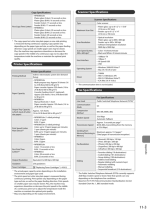 Page 18111-3
Appendix
Copy Specific\ftions
First	Copy	Time	(Letter) •	
MF8380Cdw
Platen	glass	(Color):	16	seconds	or	less
Platen	glass	(B/W ):	16	seconds	or	less
Feeder	(Color):	17	seconds	or	less
Feeder	(B/W ):	17	seconds	or	less
•	 MF8080Cw
Platen	glass	(Color):	29	seconds	or	less
Platen	glass	(B/W ):	23	seconds	or	less
Feeder	(Color):	29	seconds	or	less
Feeder	(B/W ):	23	seconds	or	less
*	 The	copy	speed	on	Letter	size	plain	paper	on	one-side	printing	
is	measured	during	continuous	copying.	Copy	speeds	vary...