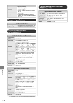 Page 18211-4
Appendix
F\fx Specific\ftions
Receiving•	
Automatic	reception
•	 Manual	reception
•	 Remote	reception	\fy	telephone	(Default	
ID:	25)
Reports •	
Send	Results
•	 Transmission	management	report	(By	
default,	 auto	output	 every	40	destinations)
•	 RX	Results
Telephone Specifications
Telephone Specific\ftions
Telephone	 Type External	telephone/External	telephone	with	
the	\fuilt-in	answer	function/Data	modem
Trans\fission Specifications 
(MF8380Cdw Only)
Specific\ftion for File Server Tr\fnsmission...