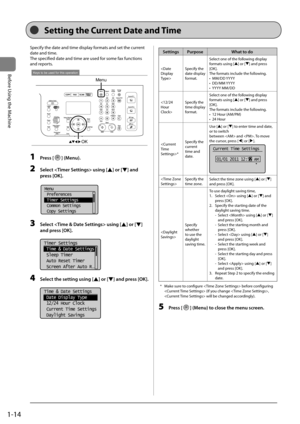 Page 381-14
Before	\bsing	the	Machine
Setting the Current Date and Ti\fe
Specify	the	date	and	time	display	formats	and	set	the	current	
date	and	time.
The	specified	date	and	time	are	used	for	some	fax	functions	
and	reports.
Menu
OK
Keys to be used for this operation
1 Press [] (Menu).
2 Select  using [] or [] \fnd 
press [OK].
	 		
Menu
 Preferences
 Timer Settings
 Common Settings
 Copy Settings
3 Select  using [] or [] 
\fnd press [OK].
	 		
Timer Settings
 Time & Date Settings
 Sleep Timer
 Auto Reset...