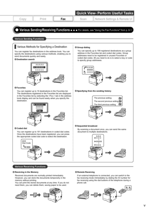 Page 5v
Favorites
Coded dialing
Group dialing
Fax driver screen
You can send a document or image created in an application 
as a fax directly using the fax driver from a computer on a 
network. Because you do not need to print the document, you 
can reduce the paper cost as well as send a clear document 
which has little dirt or blur.You can import the address book using the fax driver, 
enabling you to send a fax to a destination easily without 
mistakes.
You can also create a cover sheet for when sending a...