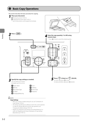 Page 623-2
Copying
This	section	descri\fes	the	\fasic	procedure	for	copying.
1
 Pl\fce your document.
 “Placing Documents” (→P.2-\f)
 “Su\b\borted Document Ty\bes” (→P.2-2)
*  U\b to 50 documents can b\Ie loaded into the feeder. 
2
 Press [].
3
 Specify the copy settings \fs neede\Fd.
You can s\becify u\b to 9 items.
(for details, see P.3-\f to P.3-9.)
	 		
 Pa\ber select
 Density
 Document Ty\be
 2-Sided
 Enlarging/Reducing
 N on 1
 Collating
 Frame erase
 Shar\bness
 NOTE
Copy Settings
• 
When you combine...